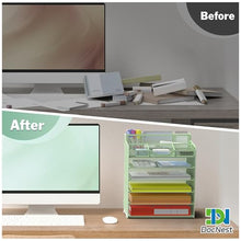 Load image into Gallery viewer, Docnest 6 Tier Mesh Desk Organizer for Paper Office Supplies – Multi-Functional Letter Tray with 5 Adjustable Compartments, 6 Pen Holders, Desktop Storage for Files, Mail, Stationery – Green