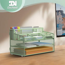 Load image into Gallery viewer, Docnest 3 Tier Mesh Desk Organizer for Paper Office Supplies – Multi-Functional Letter Tray with 5 Adjustable Compartments, 3 Pen Holders, Desktop Storage for Files, Mail, Stationery – Green