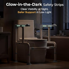 Load image into Gallery viewer, Toilet Safety Rails for Elderly & Disabled with Glow-in-the-Dark Handles, 450 lbs Heavy-Duty Frame, Flip-Up Arms, Dual Lock (Suction & Clamp), Adjustable No-Wobble Support, Grey
