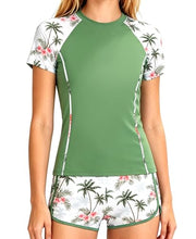 Load image into Gallery viewer, DOCUMO Girls Rash Guard Swimsuit 2-Piece Short Sleeve Colorblock Quick Dry Bathing Suit UPF 50+ Beach Swimwear Size 6-15Y (Leaf# Green, Medium)