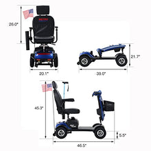 Load image into Gallery viewer, Metro Mobility 4 Wheel Foldable Mobility Scooter for Adults - 300 lbs Capacity Powered Mobility Scooters for Seniors, Travel - USB Charging Port & 2 Cup Holders - Blue