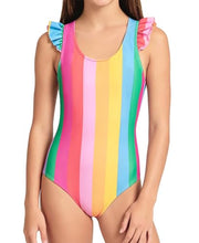 Load image into Gallery viewer, DOCUMO Girls One Piece Swimsuit Ruffle Quick Dry Bathing Suit for Kids 6-15Y, Tropical/Leopard/Tie Dye Printed Beach Swimsuit (Rainbow Stripes, X-Large)