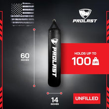 Load image into Gallery viewer, PROLAST Heavy Punching Kicking Bag for Adults, Boxing, MMA, Martial Arts, Muay Thai, Strength Training Equipment, Unfilled, 5ft, 100 lbs, Vertical Logo, Black