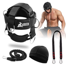 Load image into Gallery viewer, Lights Mountain Adjustable Neck Harness for Weight Training with 6 D-Rings, Includes Skull Cap, Resistance Band & Loading Strap - Adjustable Head Harness for Neck Strengthening & Resistance Workout