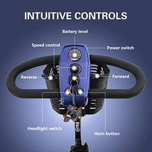 Load image into Gallery viewer, Metro Mobility 4 Wheel Motorized Scooter for Adults - 300 lbs Capacity Powered Mobility Scooters for Seniors, Travel - Sliding Swivel Seat with Flip-up Armrests & Easy Disassembly - Blue