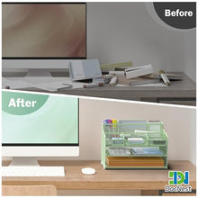 Load image into Gallery viewer, Docnest 3 Tier Mesh Desk Organizer for Paper Office Supplies – Multi-Functional Letter Tray with 5 Adjustable Compartments, 3 Pen Holders, Desktop Storage for Files, Mail, Stationery – Green