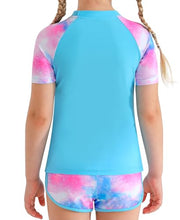 Load image into Gallery viewer, DOCUMO Girls Rash Guard Swimsuit 2-Piece Short Sleeve Colorblock Quick Dry Bathing Suit UPF 50+ Beach Swimwear Size 6-15Y (Tie Dye# Blue, X-Large)