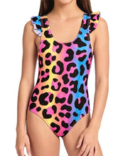 Load image into Gallery viewer, DOCUMO Girls One Piece Swimsuit Ruffle Quick Dry Bathing Suit for Kids 6-15Y, Tropical/Leopard/Tie Dye Printed Beach Swimsuit (Leopard, X-Large)