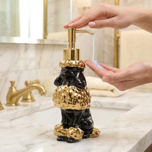 Load image into Gallery viewer, NEWHENGS Poodle Shaped Soap/Lotion/Hand Sanitizer Ceramic Dog Lover Stainless Steel Pump Dispenser for Dog Mom Gifts, Refillable for Kitchen and Bathroom (Gold/Black)