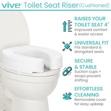 Load image into Gallery viewer, Vive Toilet Seat Riser Cushion for Seniors - Universal Fit - Raised Toilet Seat with High-Density Foam for Elongated & Standard - Firm Handle, Cushioned & Padded - Elevated Medical Handicap Lifter