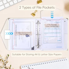Load image into Gallery viewer, XKDOUS Important Document Organizer, Folio Folders with 9 Pockets, 3-Ring Binder Gold-Foiled Hardcover File Storage Organization Expanding File for 8.5x11 Papers, A4 Documents