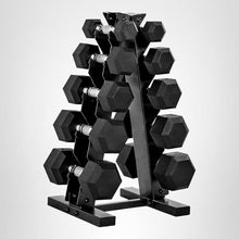 Load image into Gallery viewer, CAP Barbell 150 lb Rubber Coated Hex Dumbbell Set with Vertical Rack, Space-Saving - Black Rack