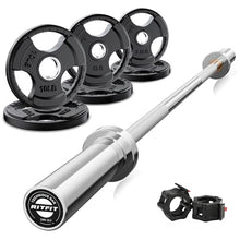 Load image into Gallery viewer, RitFit Barbell Weight Set - 4/6FT Olympic Barbell with Weight Plates (55-115LB Total) - Hip Thrusts 4FT Silver Bar with 35LB Plates