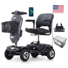 Load image into Gallery viewer, Metro Mobility 4 Wheel Electric Mobility Scooter for Adults - 300 lbs Capacity Folding Mobility Scooters for Seniors, Travel - Convenient Charging Port & 2 Cup Holders - Grey