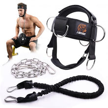 Load image into Gallery viewer, Adjustable Neck Harness for Resistance Bands & Weightlifting, Head Strap with 6 D-Rings for Multi-Directional Neck Training, Padded Chin Support for Athletes & Rehab Exercises