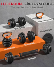 Load image into Gallery viewer, FEIERDUN Adjustable Dumbbells, 30lbs Free Weight Set with Connector, 4 in1 Dumbbells Set Used as Barbell, Kettlebells, Push up Stand, Fitness Exercises for Home Gym Suitable Men/Women