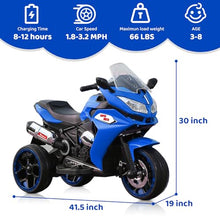 Load image into Gallery viewer, 12V Kids Ride On Motorcycle - 3-Wheel Electric Motorcycle for Boys & Girls with LED Lights, MP3, and Safe Design - Gift for 3-8 Years Old (Blue+ Plastic+ 50-99 pounds)