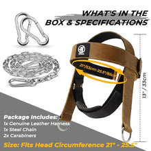 Load image into Gallery viewer, Leather Neck Harness for Weight Lifting – Adjustable Head Strap with Heavy-Duty Steel Chain & Microfiber Padding – Neck Exerciser for Bodybuilding, Boxers & Gym Workout (Brown)