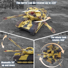 Load image into Gallery viewer, RC Tank That Infrared Shoots - 2.4Ghz Remote Control Battle Army Tank Toys with 360°Rotating Turret Auto Demo Sound Effects Lights