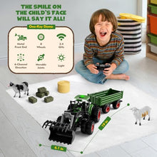 Load image into Gallery viewer, Uarzt Remote Control Tractor Toy with Trailer | Metal Front & Front Loader Farm Vehicle Set with Lights & 8-Wheel Design