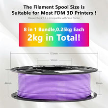 Load image into Gallery viewer, DO3D 1.75mm 8 Spools Basic Colors PLA 3D Printer Filament Bundle, White/Black/Clear/Light Grey/Blue/Red/Green/Purple, Each Spool 0.25kg, Total 2kg PLA 3D Printing Material, 250g x 8 Spools
