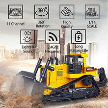 Load image into Gallery viewer, Bulldozer, 11 Channel Full Functional Dozer Vehicle, 360° Rotating RC Dozer with Metal Parts & Rubber Tracks, Remote Control Bulldozers with Lights & Sound, RC Construction Vehicles for Adults