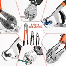 Load image into Gallery viewer, 3Pcs Bolt Cutter Set with 14" Heavy Duty Bolt Cutter,8" Mini Bolt Cutter,8" Wire Rope Cutter & Storage Bag for Cutting Locks,Padlocks,Chains,Steel Cable,Barbed Wire,Iron Rod,Metal,Fence