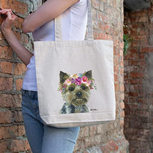 Load image into Gallery viewer, Yorkie Tote Bag - Gifts for Mom - Yorkie Lover Gift - Flower Crown yorkie Totes -Handmade Totes - Yorkie Canvas Totes - Cute Yorkshire Terrier Reusable Shopping Bag - Grocery Bag - Handbag - Beach Bag