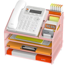 Load image into Gallery viewer, DocNest 4 Tier Metal Mesh Letter Tray - Space Saving Desk File Organizer with Handle, Pen Holder & Folder Holder - Desktop Document Sorter for Office, Home, School, Classroom - Pink