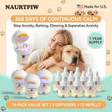 Load image into Gallery viewer, Dog Calming Diffuser – 1-Year Supply, Dual-Pheromone 15 Pack (3 Plug-in + 12 Refills) | Calming Pheromones Diffuser Kit for Anxiety, Barking, Chewing, Aggression, Indoor Urination & Separation Anxiety