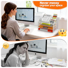Load image into Gallery viewer, DocNest 4 Tier Metal Mesh Letter Tray - Space Saving Desk File Organizer with Handle, Pen Holder & Folder Holder - Desktop Document Sorter for Office, Home, School, Classroom - White