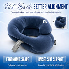 Load image into Gallery viewer, BCOZZY Flat Back Travel Neck Pillow – Patented Neck Pain Relief & Support for Head, Neck, and Chin. Ideal for Airplanes, Long Flights, Car Rides. Adjustable, Washable, with Carry Bag. Large, Navy