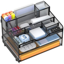 Load image into Gallery viewer, Docnest 3 Tier Mesh Desk Organizer for Paper Office Supplies – Multi-Functional Letter Tray with 5 Adjustable Compartments, 3 Pen Holders, Desktop Storage for Files, Mail, Stationery – Black