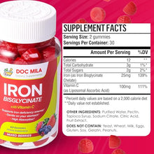 Load image into Gallery viewer, Iron Supplement for Kids and Adults - Iron Bisglycinate Gummies 25mg with Liposomal VIT C - Chelated Iron Supplement for Women and Men - 60 Gummies, 1 Month Supply