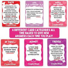 Load image into Gallery viewer, Couples Bingo Date Night Game for Couples – Romantic & Meaningful Card Game with Promps, Questions & Challenges | Fun Relationship Game for Dates, Different Gameplay Everytime, 2 Players