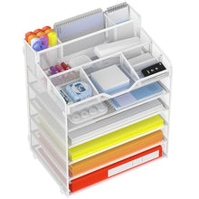 Load image into Gallery viewer, Docnest 6 Tier Mesh Desk Organizer for Paper Office Supplies – Multi-Functional Letter Tray with 5 Adjustable Compartments, 4 Pen Holders, Desktop Storage for Files, Mail, Stationery – White