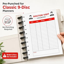 Load image into Gallery viewer, Doctor Visit Logbook Inserts, Classic 9-Disc Mushroom-Punched Refill Pages, 50 Double-Sided Sheets, 7 x 9.25 Inch, 100 GSM White Paper, Medical Appointment Notes for Discbound Planners, Inserts Only