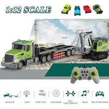 Load image into Gallery viewer, Fistone RC Semi-Trailer Truck & Excavator Toy Set, 1:12 Scale with Sound and Lights, 2.4Ghz Remote Control Flatbed Truck and Excavator Toys for Boys 6-12 Years Old
