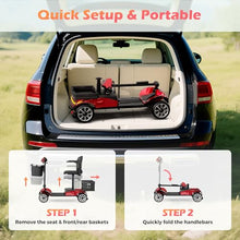 Load image into Gallery viewer, Foldable 4-Wheel Mobility Scooter for Adults – Portable Motorized Scooter with 330 lbs Capacity, Detachable Battery, Dual Baskets, Cup & Phone Holder, Red