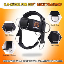 Load image into Gallery viewer, Adjustable Neck Harness for Resistance Bands & Weightlifting, Head Strap with 6 D-Rings for Multi-Directional Neck Training, Padded Chin Support for Athletes & Rehab Exercises