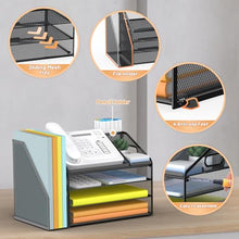 Load image into Gallery viewer, DocNest 4 Tier Paper Letter Tray File Organizer, Mesh Desk File with Handle, Workspace Desk Organizers with Pen Holder, Office Organization Storage Accessories - Black