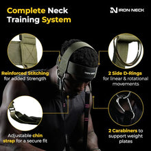 Load image into Gallery viewer, Iron Neck Neck Trainer, Exerciser, & Strengthener with Adjustable Head and Chin Strap - Portable Head Harness for Weight Lifting, Home, & Gym Use - Exercise & Workout Equipment (Classic, Olive Green)
