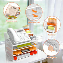 Load image into Gallery viewer, DocNest 4 Tier Metal Mesh Letter Tray - Space Saving Desk File Organizer with Handle, Pen Holder & Folder Holder - Desktop Document Sorter for Office, Home, School, Classroom - White