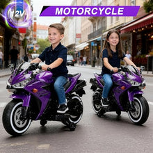 Load image into Gallery viewer, 12V Electric Ride On Motorcycle for Kids, Training Wheels, Full Hand Drive Motorbike Toy, Perfect for Boys and Girls (3-8 Yrs) (Purple)