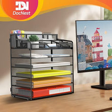 Load image into Gallery viewer, Docnest 6 Tier Mesh Desk Organizer for Paper Office Supplies – Multi-Functional Letter Tray with 5 Adjustable Compartments, 3 Pen Holders, Desktop Storage for Files, Mail, Stationery – Black