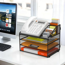 Load image into Gallery viewer, DocNest 4 Tier Metal Mesh Letter Tray - Space Saving Desk File Organizer with Handle, Pen Holder & Folder Holder - Desktop Document Sorter for Office, Home, School, Classroom - Black