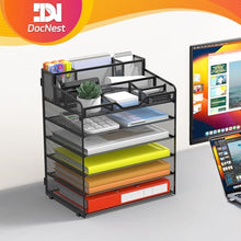 Load image into Gallery viewer, Docnest 6 Tier Mesh Desk Organizer for Paper Office Supplies – Multi-Functional Letter Tray with 5 Adjustable Compartments, 3 Pen Holders, Desktop Storage for Files, Mail, Stationery – Black