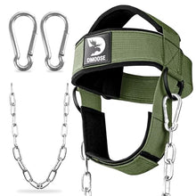 Load image into Gallery viewer, DMoose Fitness Neck Harness for Weight Lifting - Soft Padded Head & Chin Strap with 30" Heavy Duty Steel Chain - Neck Exerciser, Trainer & Strengthener to Support Injury Recovery (Military Green)