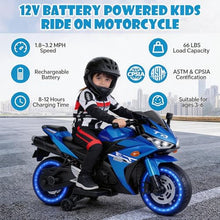 Load image into Gallery viewer, Kids Electric Motorcycle, 12V Kids Ride on Car LED Lights, Music Player & Horn with Training Wheels,