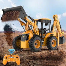 Load image into Gallery viewer, DOUBL E JCB 1:20 Scale RC Excavator & Loader – Dual-Function Construction Model with Rotating Arm, Realistic Sound & Light | Ideal